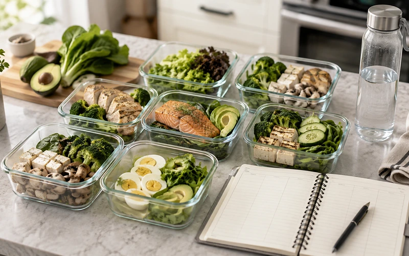 닭고기와 연어, 달걀, 두부, 아보카도, 비전분 채소를 여러 밀프렙 용기에 나누어 준비한 7일 키토 식단