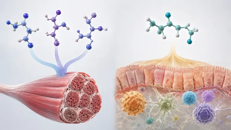 BCAA 세 가지 필수아미노산과 글루타민의 서로 다른 역할을 비교한 교육 이미지