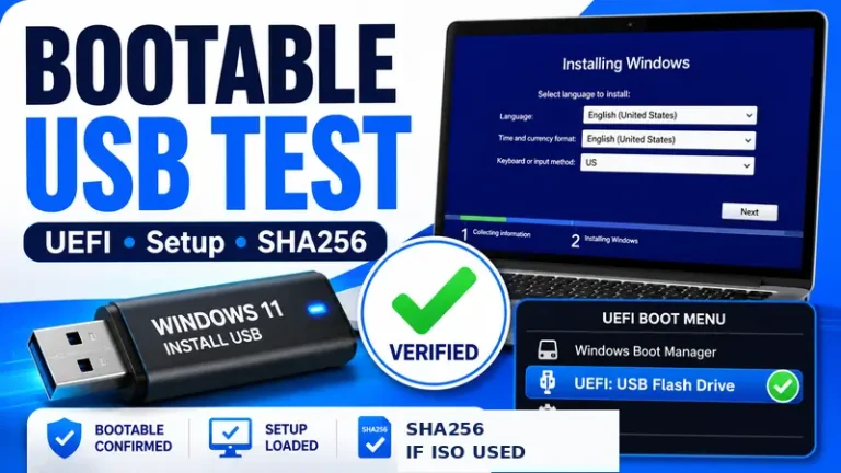 Bootable USB test showing UEFI boot, Windows Setup, and ISO SHA256 verification