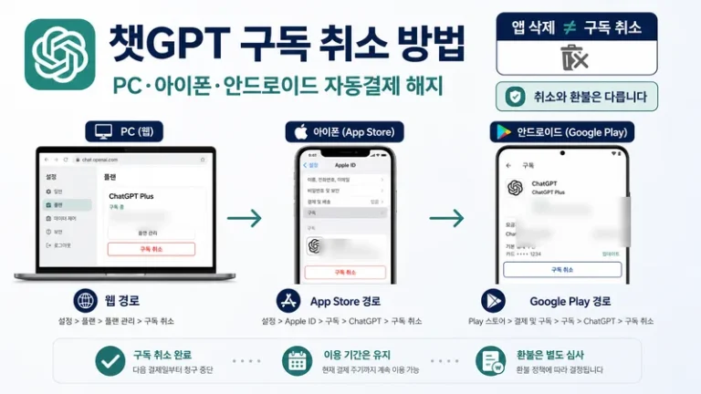 챗GPT 구독 취소 PC 아이폰 안드로이드 자동결제 해지 가이드