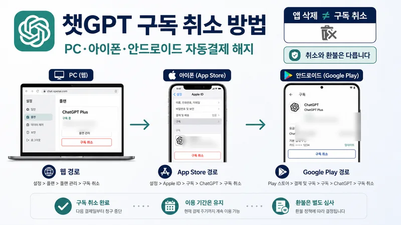 챗GPT 구독 취소 PC 아이폰 안드로이드 자동결제 해지 가이드