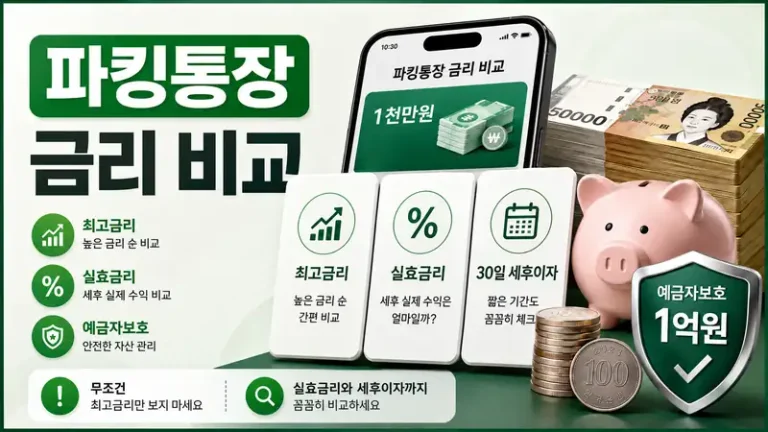 2026 파킹통장 추천 금리 비교 1천만원 30일 세후이자와 예금자보호 1억원