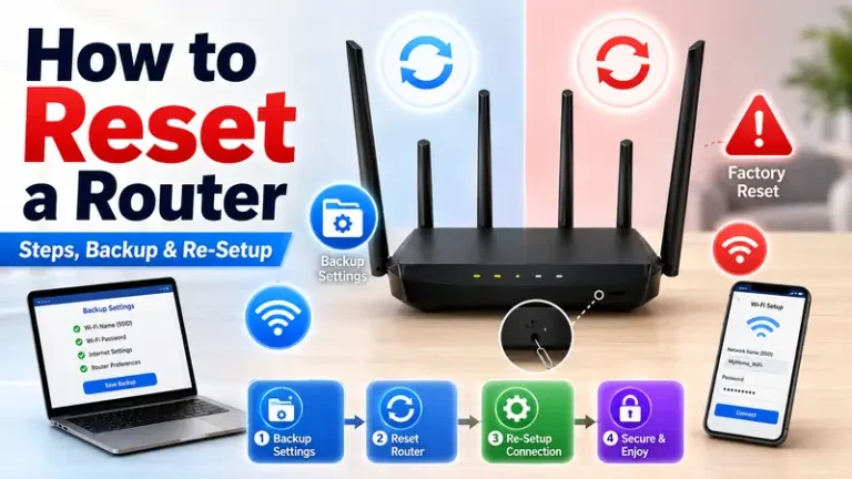 How to reset a router guide showing backup settings, factory reset, and re-setup steps