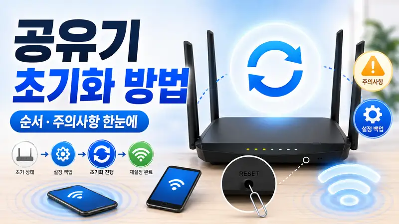 공유기 초기화 방법의 순서와 주의사항을 보여주는 공유기 초기화 가이드 이미지