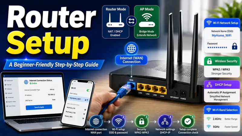 Router setup guide showing WAN connection, WiFi security, and network configuration