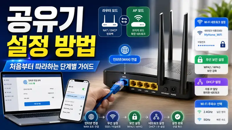 공유기 설정 방법을 보여주는 WAN 연결과 WiFi 보안 설정 대표 이미지