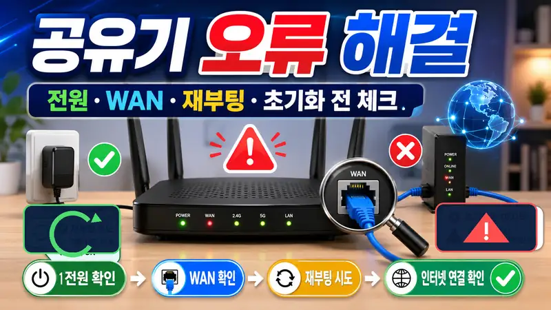 공유기 오류 해결 방법을 보여주는 전원·WAN·재부팅 점검 이미지