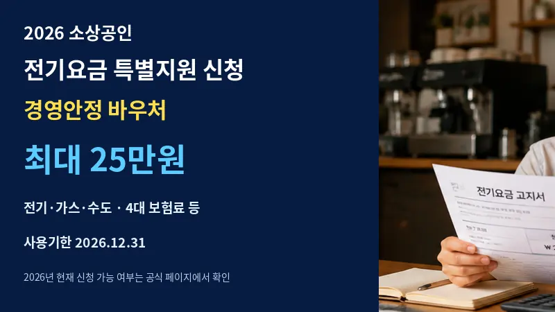 2026 소상공인 전기요금 특별지원 신청｜경영안정 바우처 25만원 대상·신청방법·전기요금 사용법 대표 이미지 — 소규모 매장 운영자가 전기요금 고지서와 결제카드를 확인하는 장면