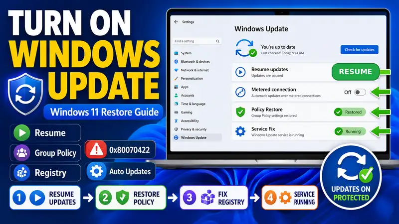 How to turn on Windows Update in Windows 11 after pause, Group Policy, registry, or service changes