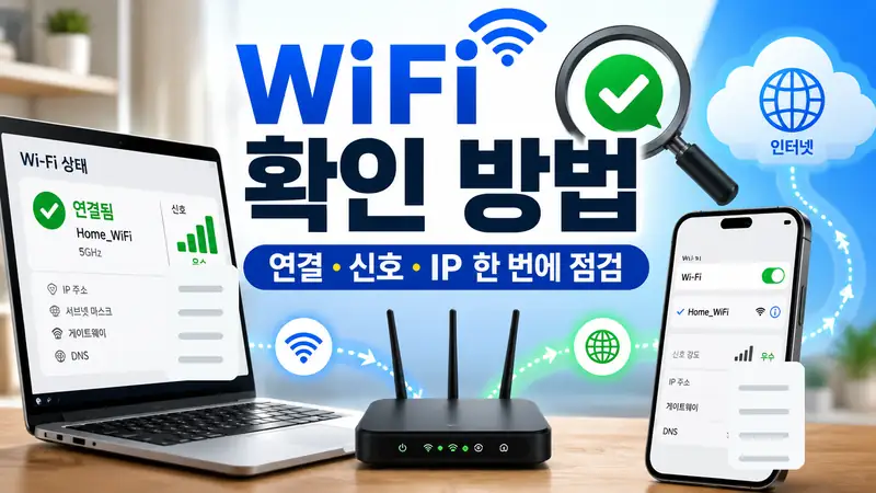 WiFi 확인 방법을 보여주는 연결·신호·IP 점검 이미지