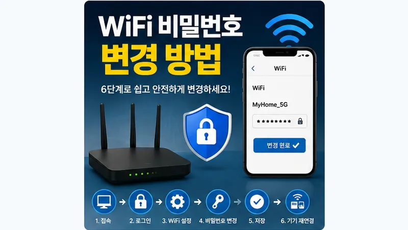 WiFi 비밀번호 변경 방법을 보여주는 공유기 관리자 설정과 보안 이미지