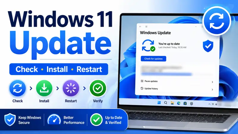Windows 11 update guide showing Check, Install, Restart, and Verify steps