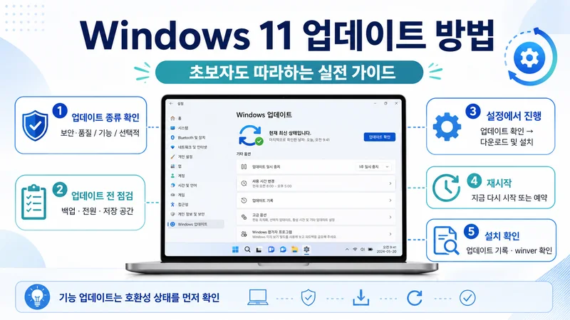 Windows 11 업데이트 방법 대표 이미지. 업데이트 종류 확인부터 설정 진행, 재시작, 설치 확인까지 핵심 흐름을 정리한 인포그래픽