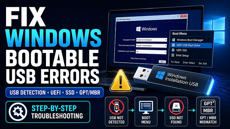 Windows bootable USB errors troubleshooting for USB detection, UEFI, SSD, and GPT/MBR problems