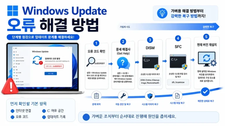 Windows Update 오류 해결 방법|오류 코드·문제 해결사·DISM·SFC·현재 버전 재설치 단계별 가이드