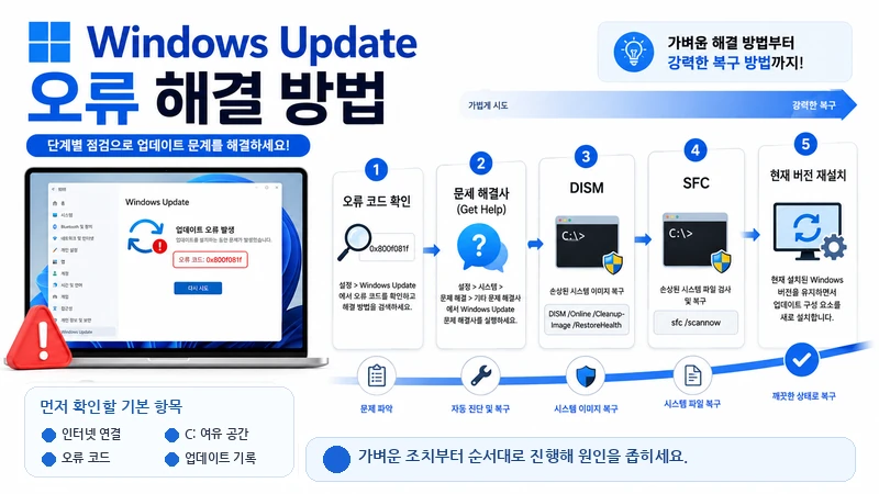 Windows Update 오류 해결 방법｜오류 코드·문제 해결사·DISM·SFC·현재 버전 재설치 단계별 가이드