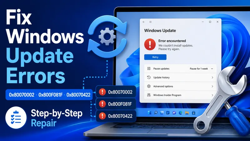 Windows Update errors troubleshooting guide for 0x80070002, 0x800F081F, and 0x80070422 in Windows 11