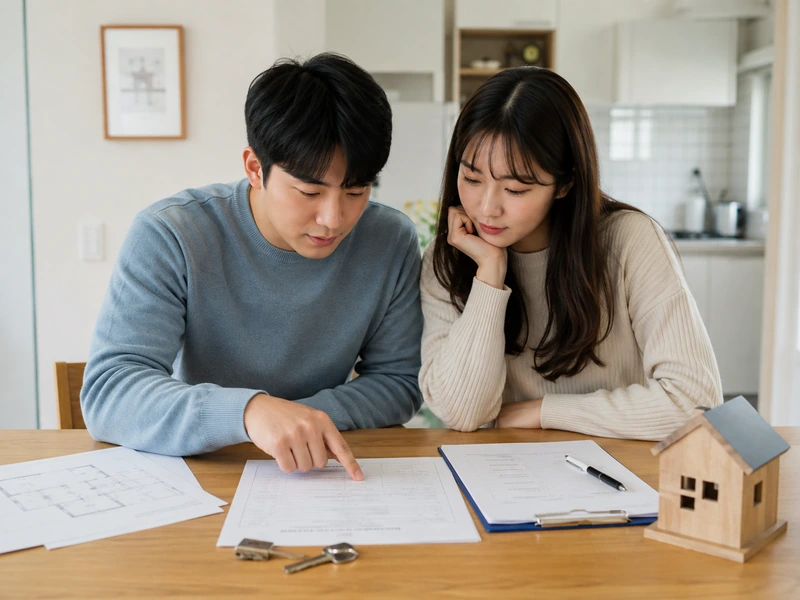 전세계약서와 주택 관련 서류를 함께 검토하며 버팀목 전세대출 자격을 확인하는 예비 임차인 커플