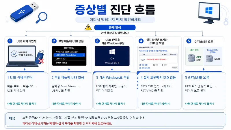 USB 미인식, 부팅 메뉴 미표시, 기존 Windows 부팅, SSD 미표시, GPT MBR 오류를 단계별로 구분한 진단 흐름