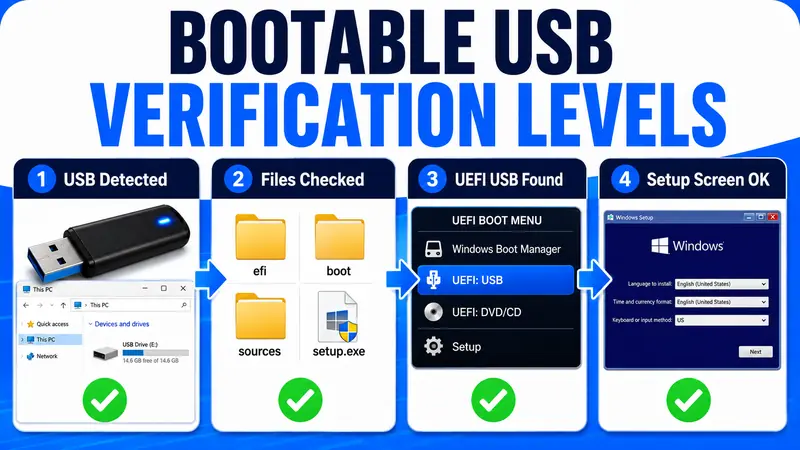 Four bootable USB verification levels from USB detection to Windows Setup