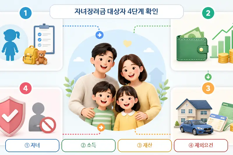 자녀장려금 대상자를 자녀·소득·재산·제외요건 4단계로 확인하는 이미지