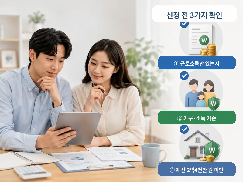 근로소득만 있는 직장인이 소득·가구·재산 3가지를 순서대로 확인하는 체크 장면