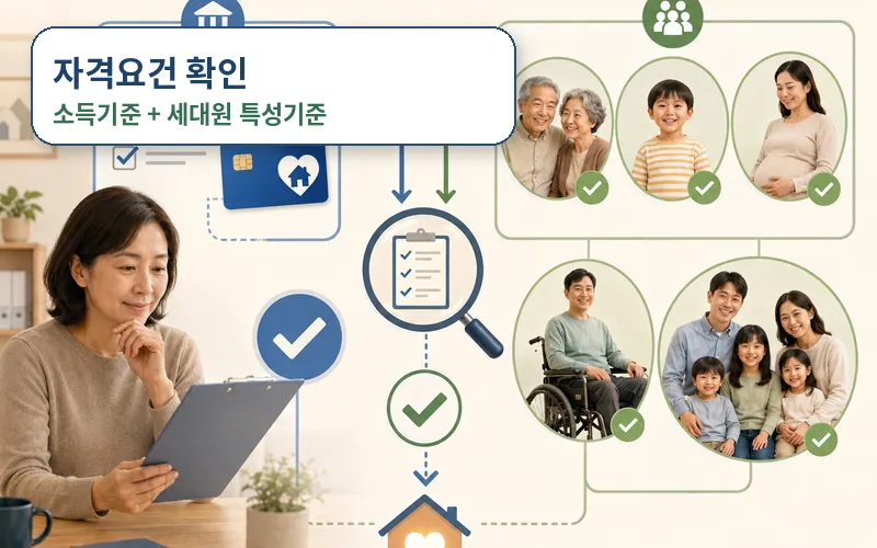 집과 전기·난방을 상징하는 생활 장면을 중심으로, ‘소득기준’과 ‘세대원 특성기준’ 두 조건을 시각적으로 구분해 이해할 수 있는 설명형 장면