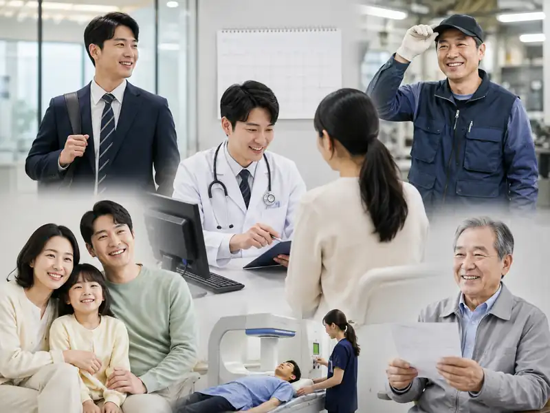 사무직과 비사무직, 가족과 고령자 등 국가건강검진 대상 유형을 보여주는 건강검진 상담 장면