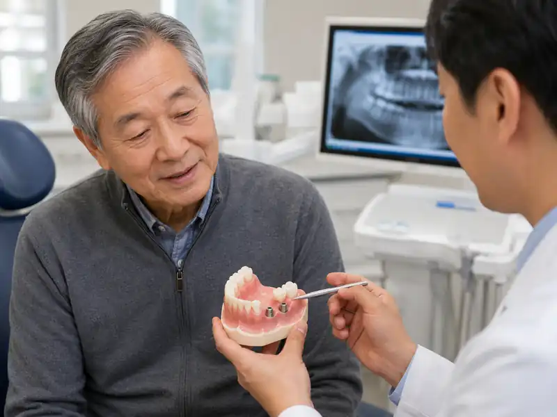 고령 환자가 치과의사와 부분 무치악 상태와 임플란트 식립 위치를 상담하는 모습