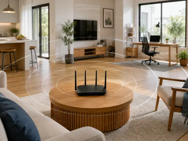 WiFi router placed near the center of a home with broad signal coverage