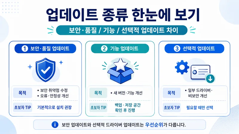 보안·품질 업데이트, 기능 업데이트, 선택적 업데이트의 차이와 초보자 기준을 비교한 인포그래픽