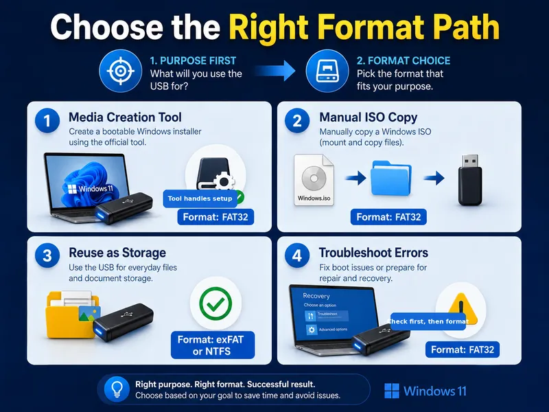 Choosing a USB formatting approach for Media Creation Tool, manual ISO copying, storage reuse, and troubleshooting