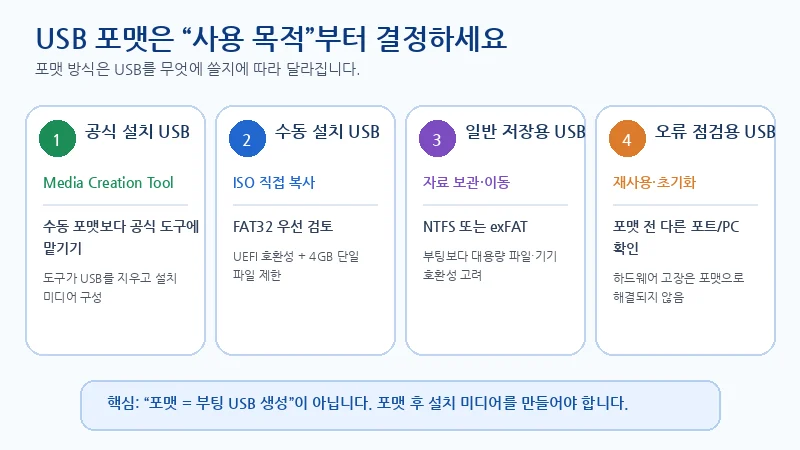 공식 설치 USB, 수동 설치 USB, 일반 저장용 USB, 오류 점검용 USB에 따라 포맷 접근법을 비교한 이미지