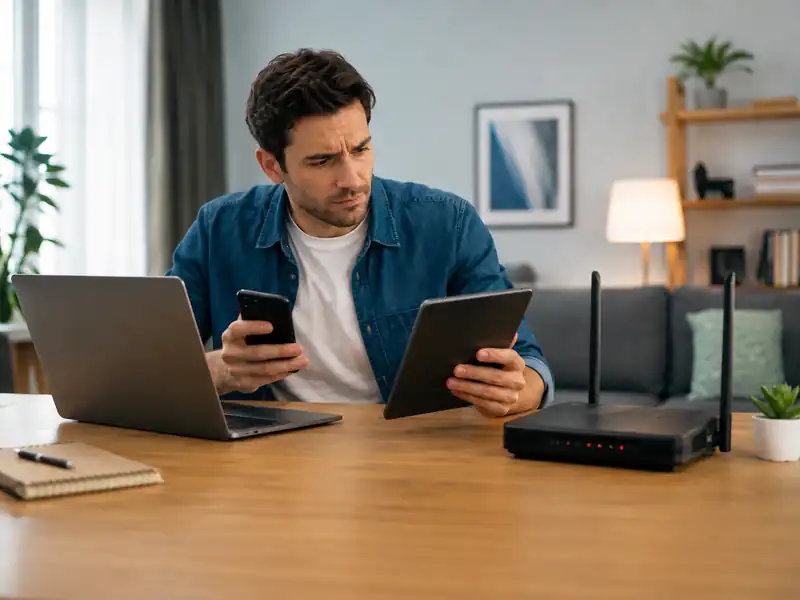 Checking the same Wi-Fi connection on a laptop, smartphone, and tablet