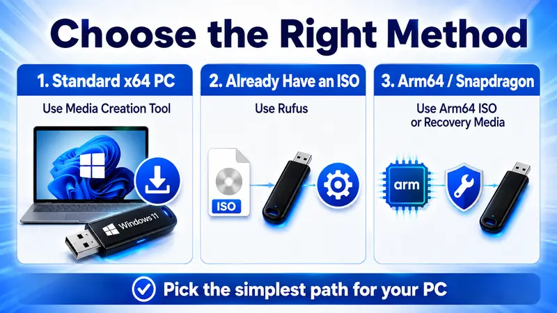 Choose Media Creation Tool, Rufus, or Arm64 recovery media based on the target PC
