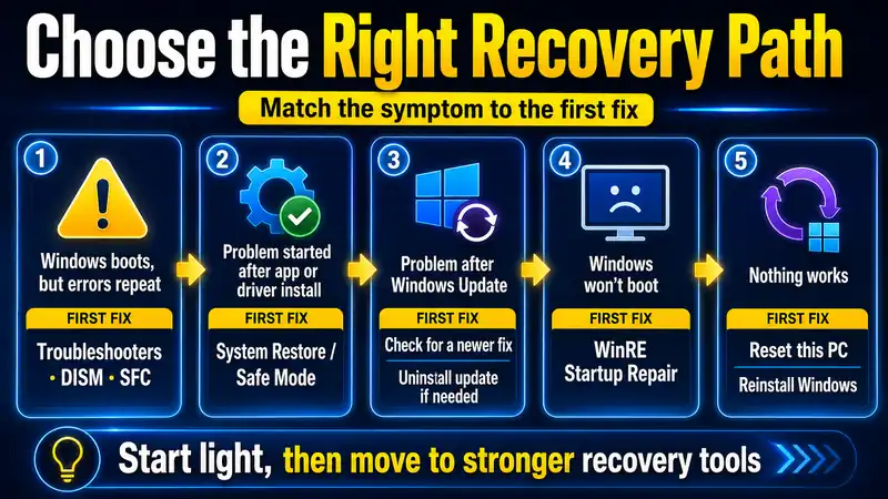 Windows 11 recovery paths matched to boot errors, updates, drivers, and startup failures