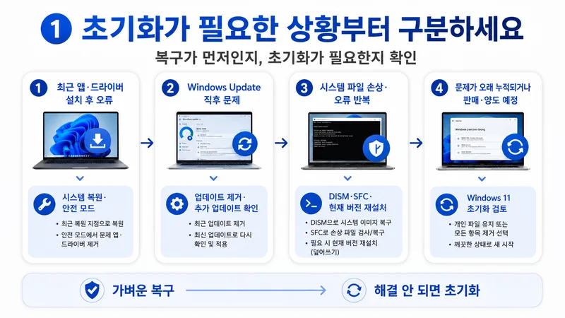 Windows 11 초기화 전 복구 방법과 초기화 필요 상황을 비교한 단계별 안내 이미지