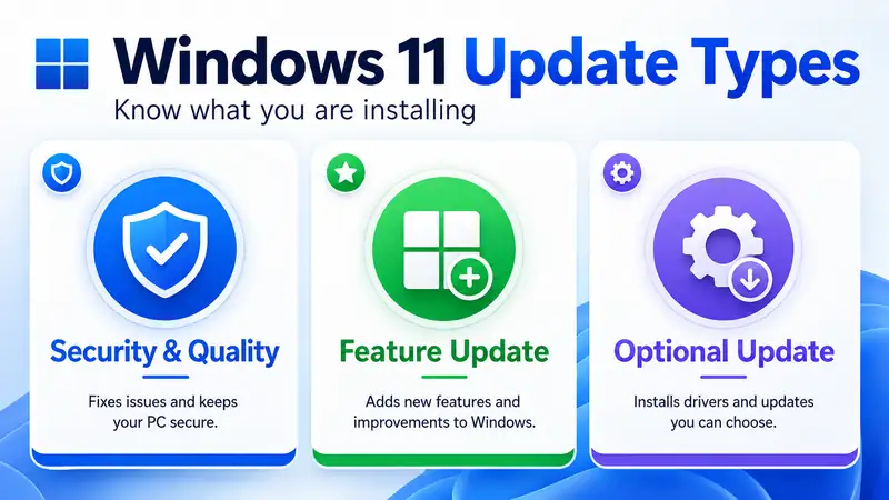 Windows 11 update types comparing Security and Quality, Feature, and Optional updates