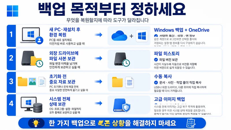 백업 목적에 따라 Windows 백업과 OneDrive, 파일 히스토리, 수동 복사, 고급 이미지 백업을 구분한 안내 이미지
