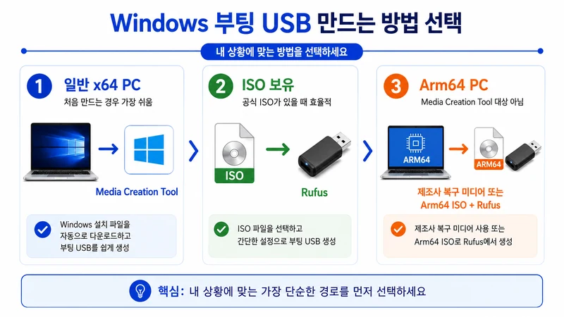 일반 x64 PC, 공식 ISO 보유, Arm64 PC에 따라 Media Creation Tool, Rufus, 제조사 복구 미디어 또는 Arm64 ISO를 선택하는 비교 이미지