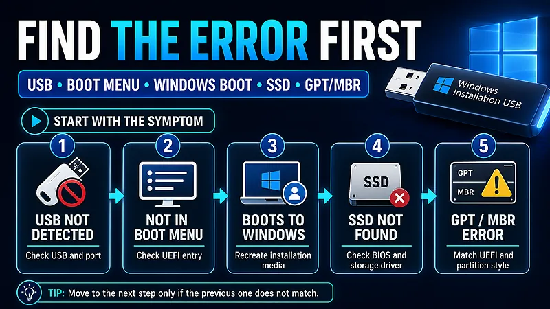 Diagnostic flow for USB not detected, missing Boot Menu entry, existing Windows boot, missing SSD, and GPT/MBR errors