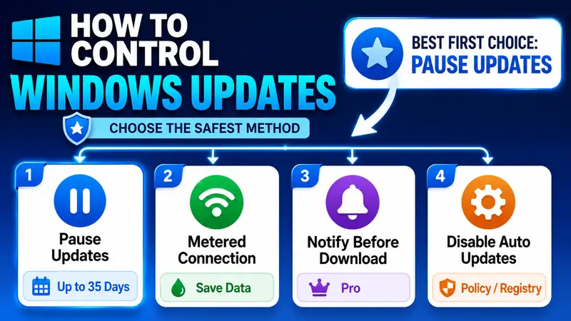 Decision map for controlling Windows updates with Pause updates, metered connection, download notification, or automatic-update disabling