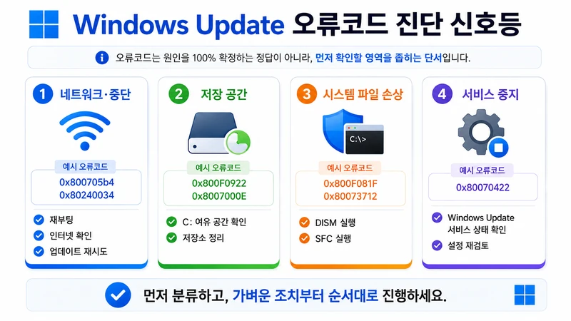 Windows Update 오류 코드를 네트워크·중단, 저장 공간, 시스템 파일 손상, 서비스 중지의 네 가지 원인 계열로 분류한 진단 이미지