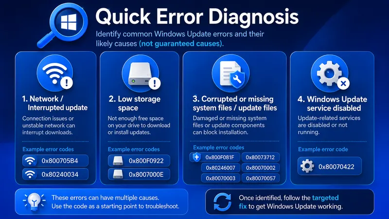 Quick diagnosis chart for Windows Update error codes and likely causes including network, storage, system files, and disabled services