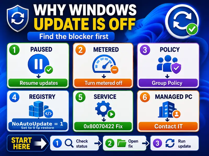 Windows Update restore diagnosis map for paused updates, metered connection, policy, registry, service, and managed PC states