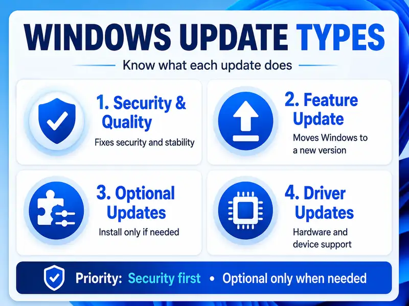 Windows Update cache symptom decision map showing when to clear cache, check download errors, restore the update service, or free storage