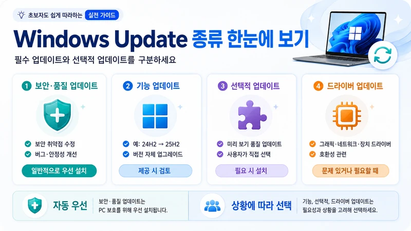 보안 품질 업데이트, 기능 업데이트, 선택적 업데이트, 드라이버 업데이트의 차이와 설치 우선순위를 비교한 Windows Update 유형 안내 이미지