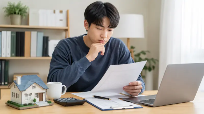 중소기업 취업청년이 사무실에서 세금 감면 조건과 재정 자료를 확인하는 모습
