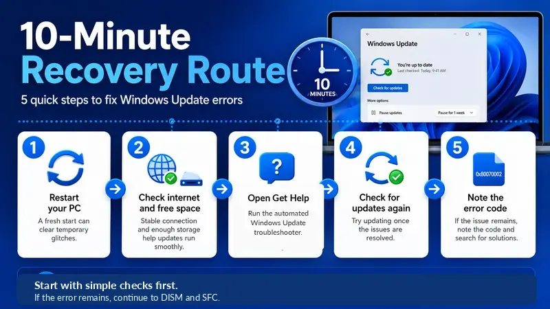 Five-step Windows Update recovery route: restart, check internet and storage, run the Get Help troubleshooter, check for updates, and record the error code