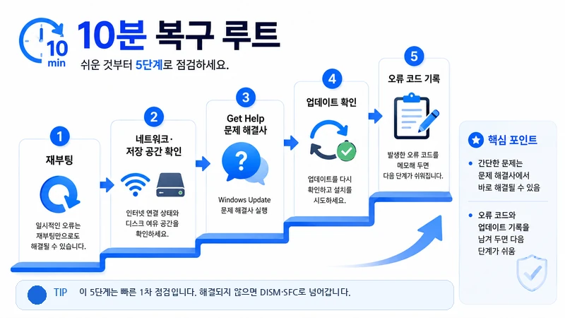 재부팅, 네트워크·저장 공간 확인, Get Help 문제 해결사, 업데이트 확인, 오류 코드 기록의 5단계 Windows Update 빠른 복구 루트